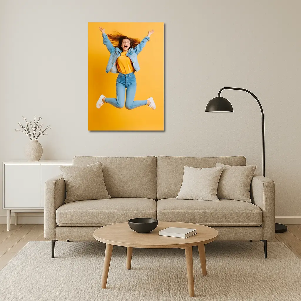 Happy Girl Jumping On Yellow Background – Wall Art