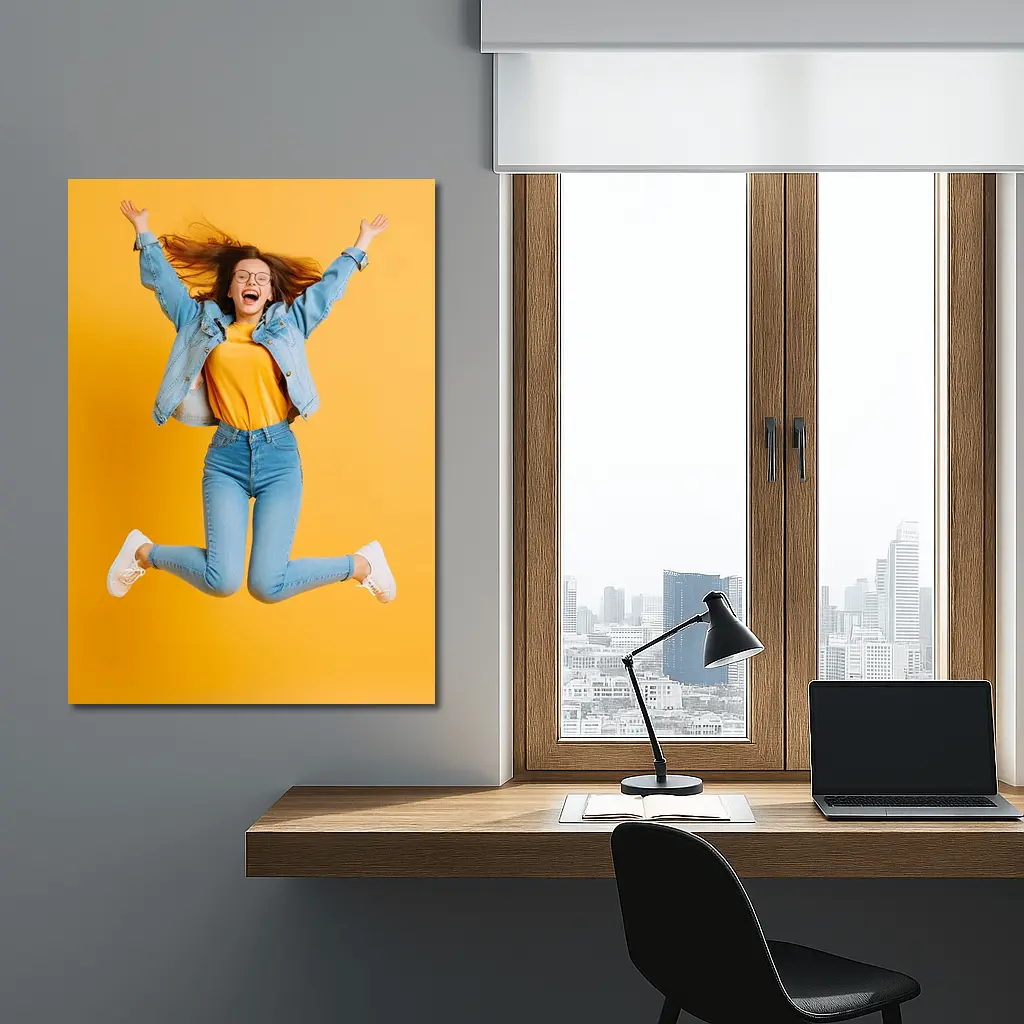 Happy Girl Jumping On Yellow Background – Wall Art