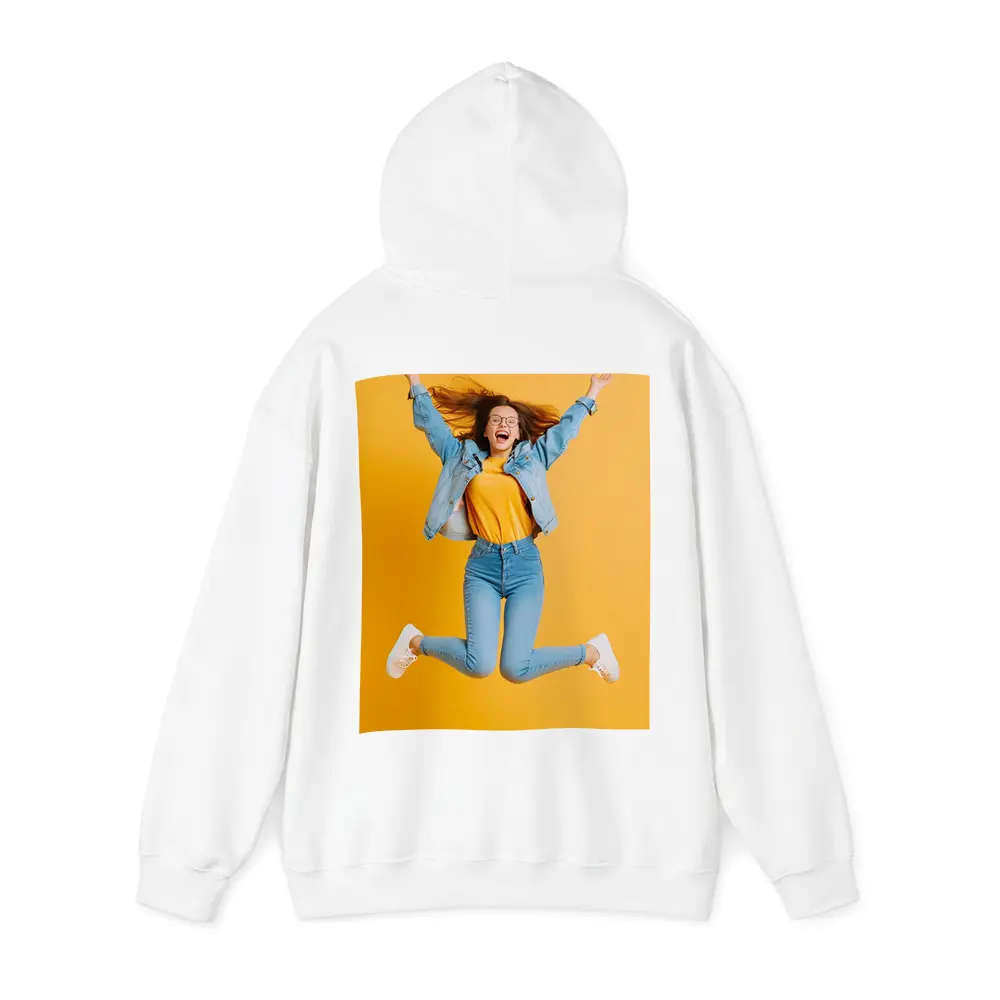 Happy Girl Jumping On Yellow Background – Hoodies