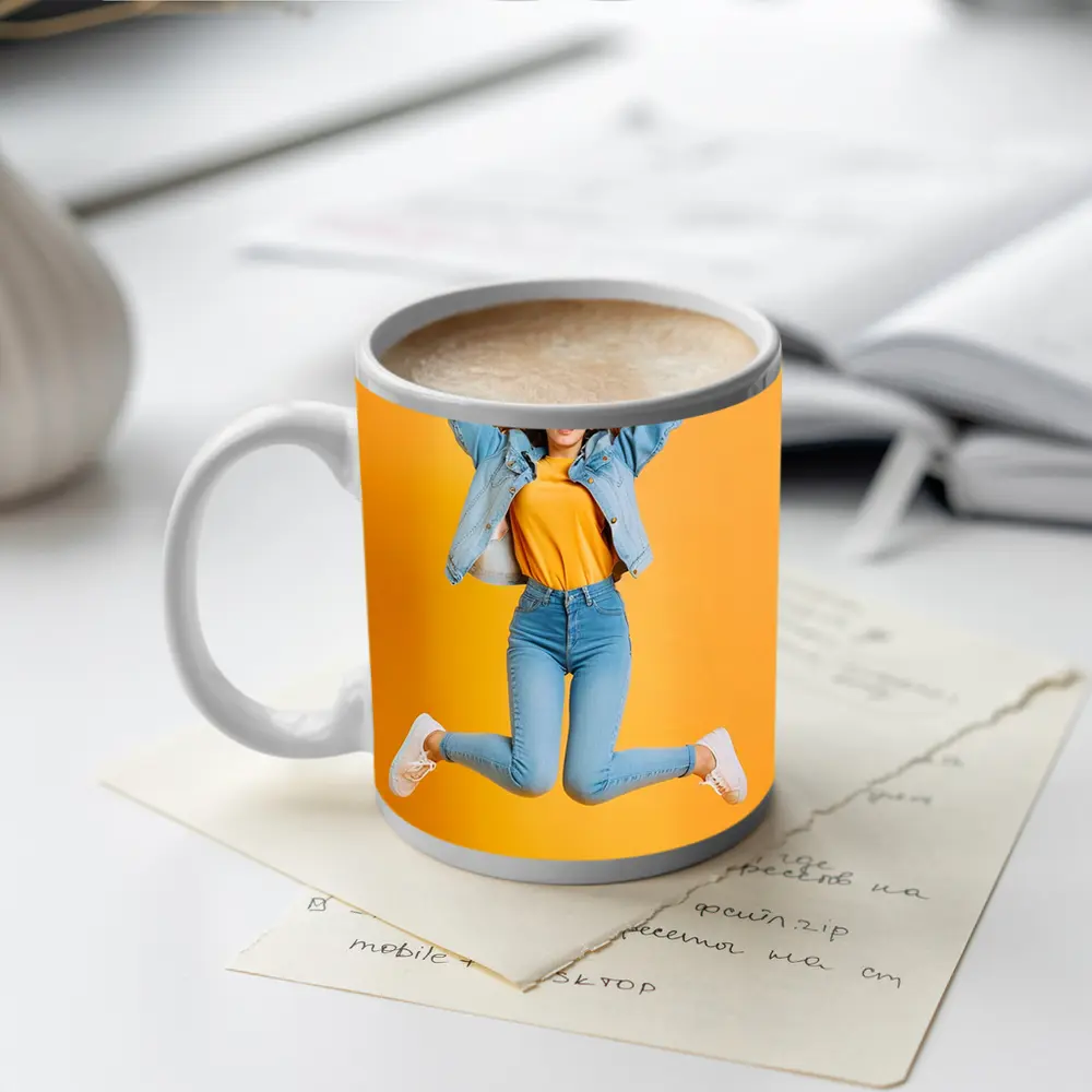 Happy Girl Jumping On Yellow Background – Mugs