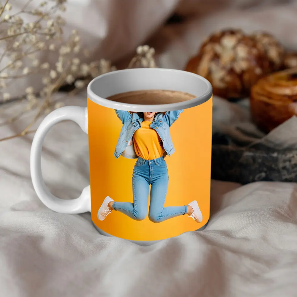 Happy Girl Jumping On Yellow Background – Mugs