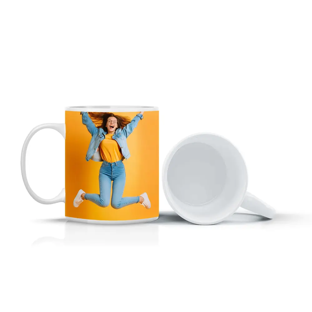 Happy Girl Jumping On Yellow Background – Mugs