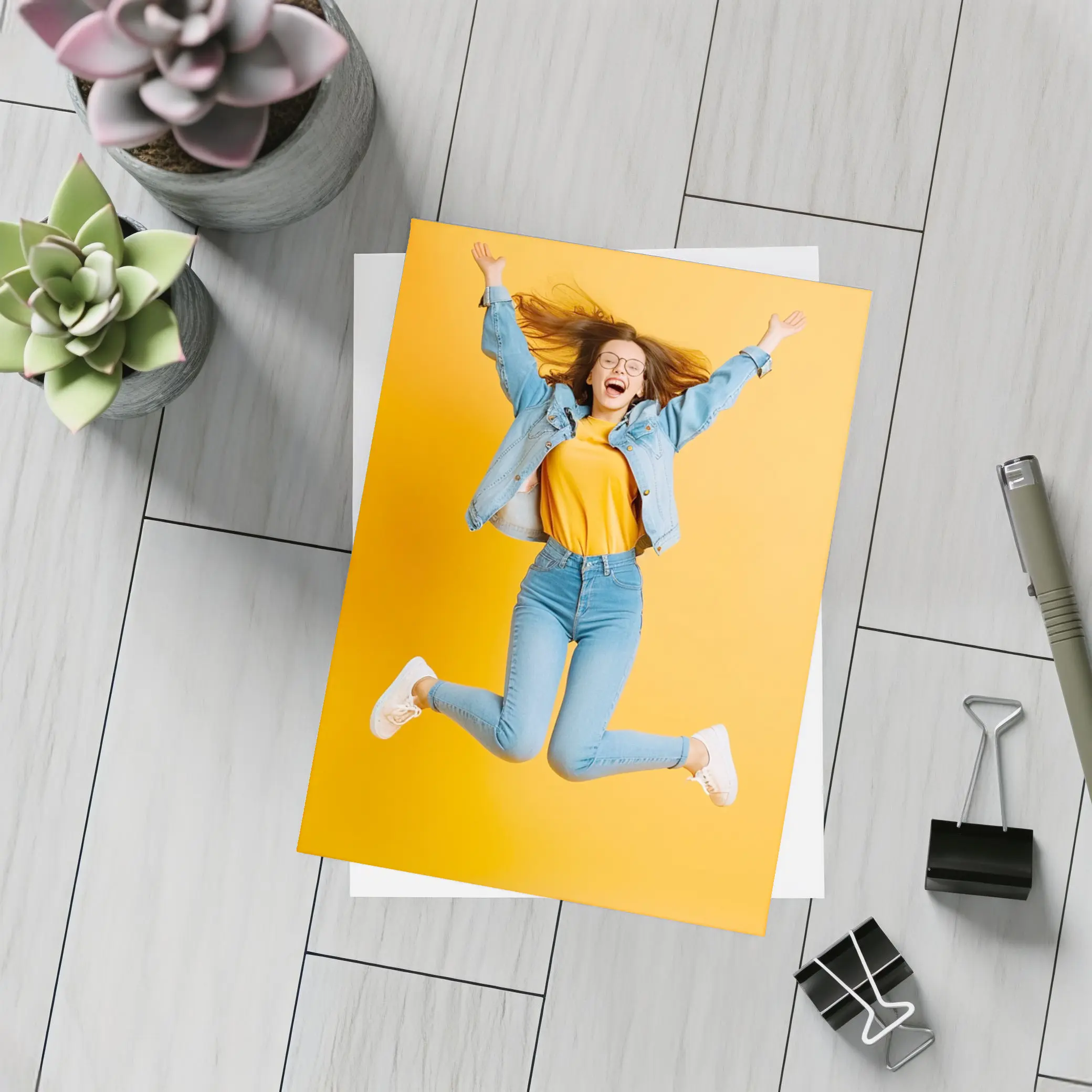 Happy Girl Jumping On Yellow Background – Postcards