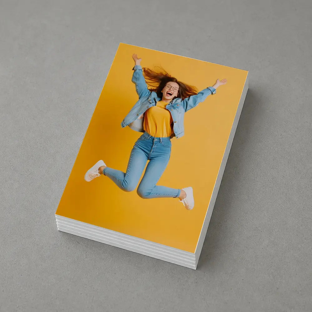 Happy Girl Jumping On Yellow Background – Postcards