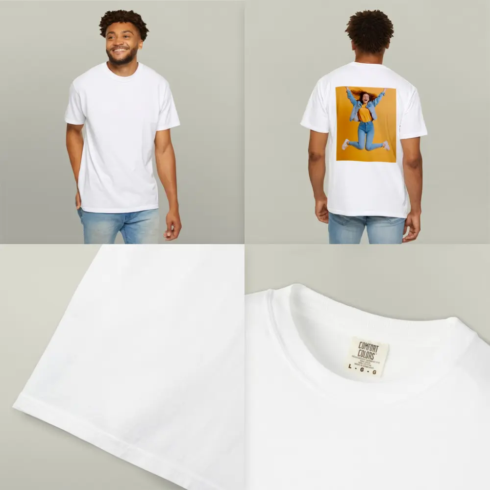 Happy Girl Jumping On Yellow Background – T-Shirts