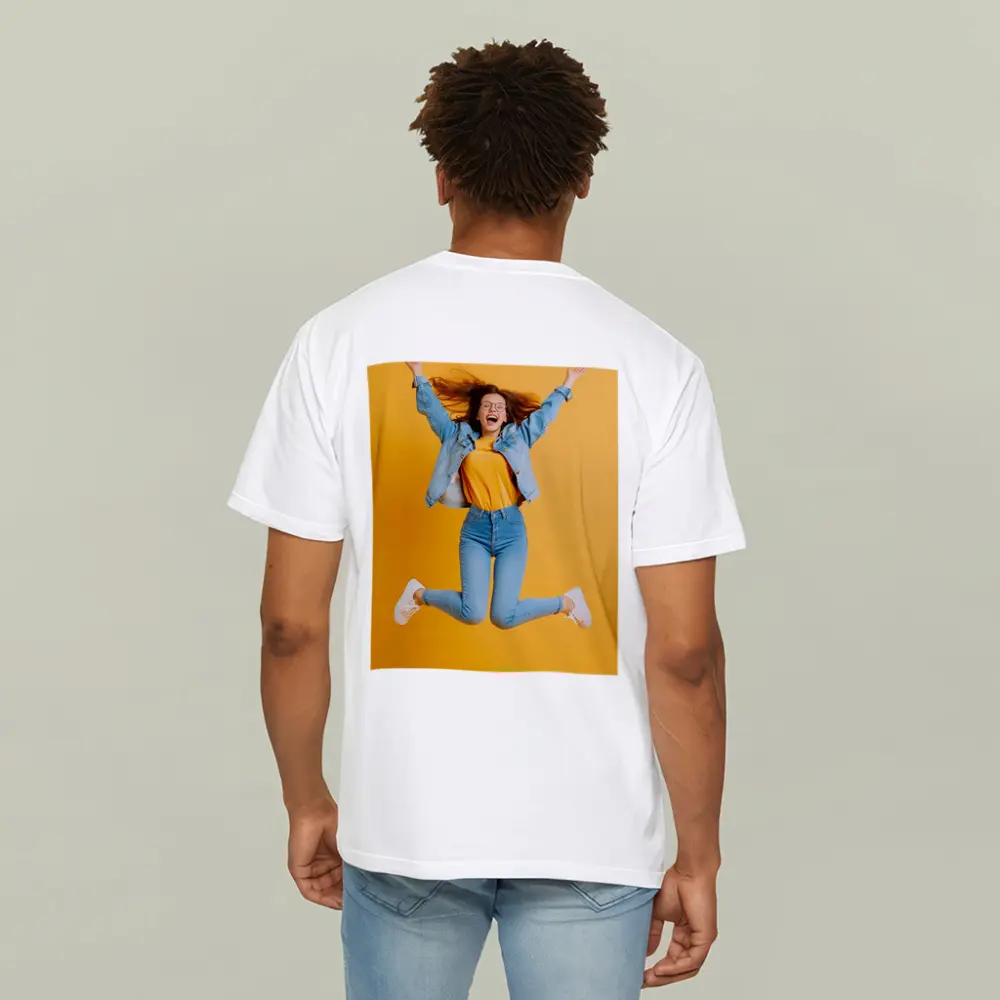 Happy Girl Jumping On Yellow Background – T-Shirts