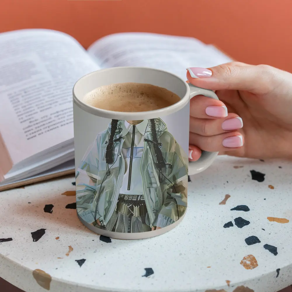 Cyberpunk Fashion Model Transparent Jacket Portrait – Mugs