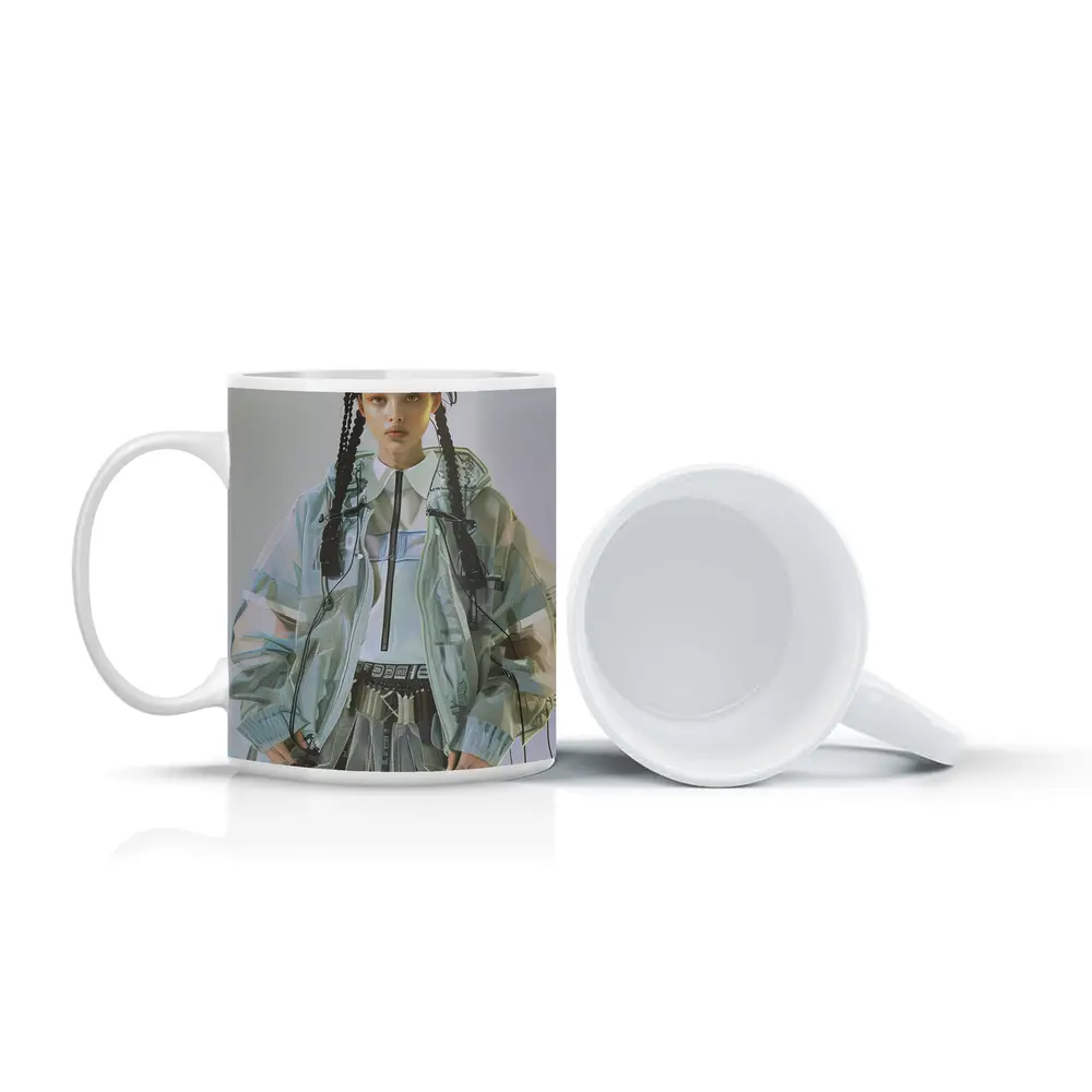 Cyberpunk Fashion Model Transparent Jacket Portrait – Mugs