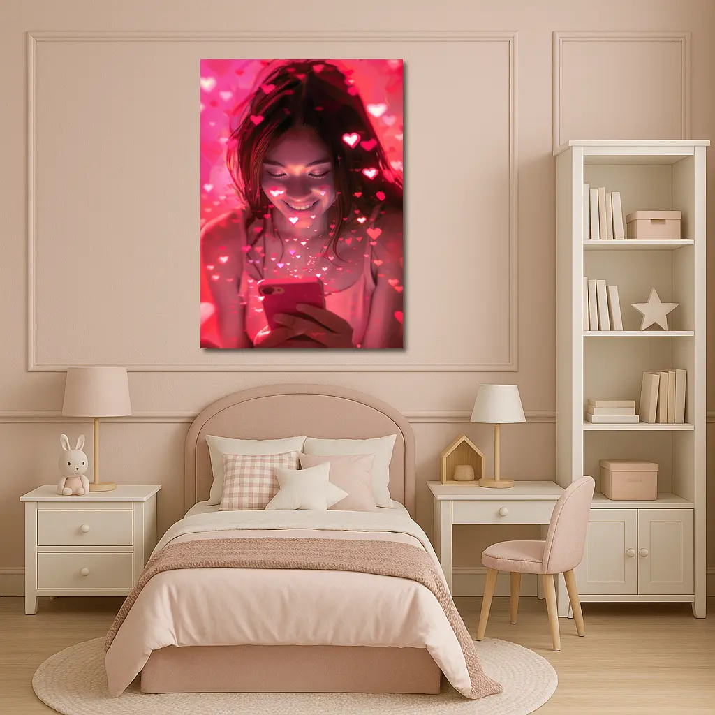 Smiling Girl Hearts Flying Pink Phone – Wall Art