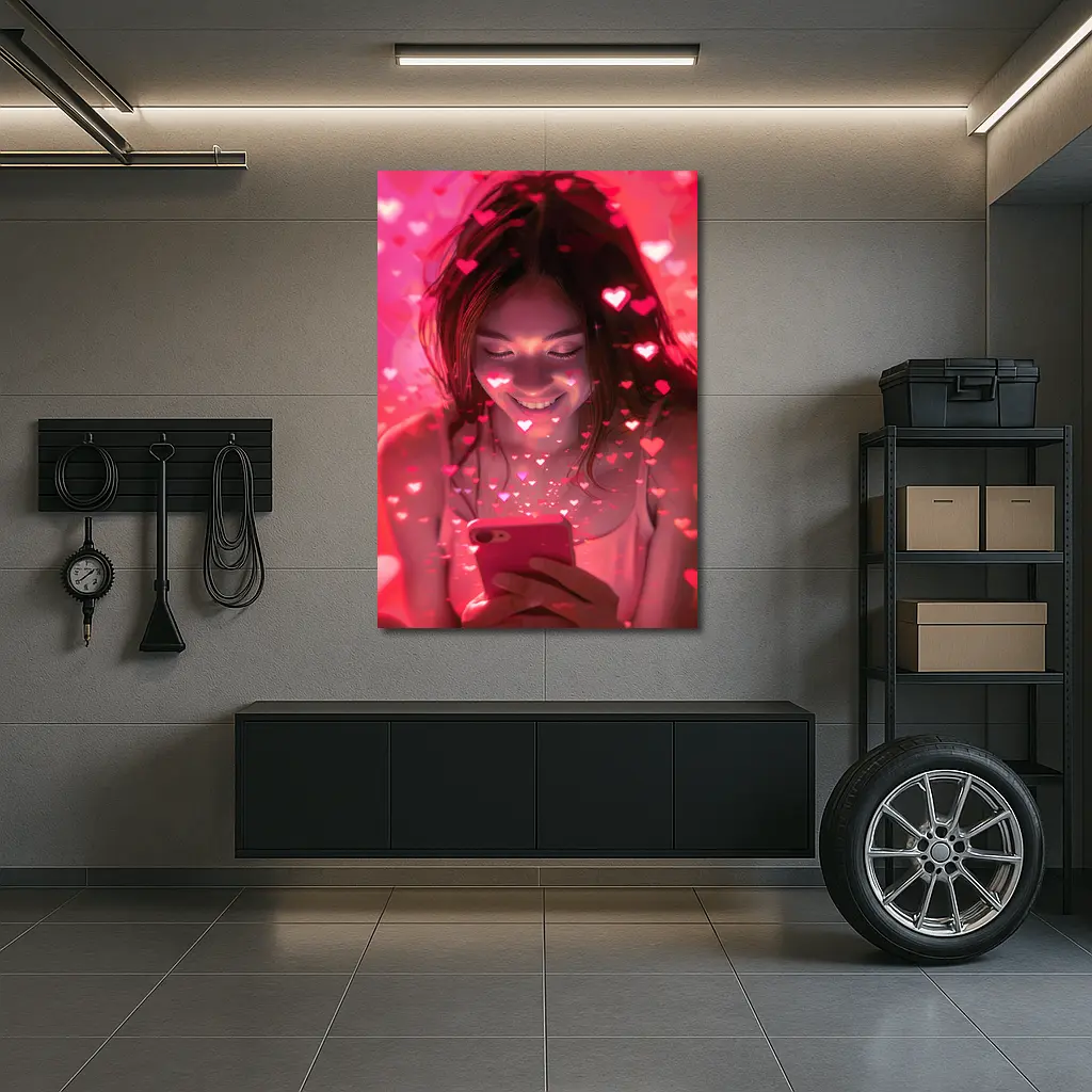Smiling Girl Hearts Flying Pink Phone – Wall Art