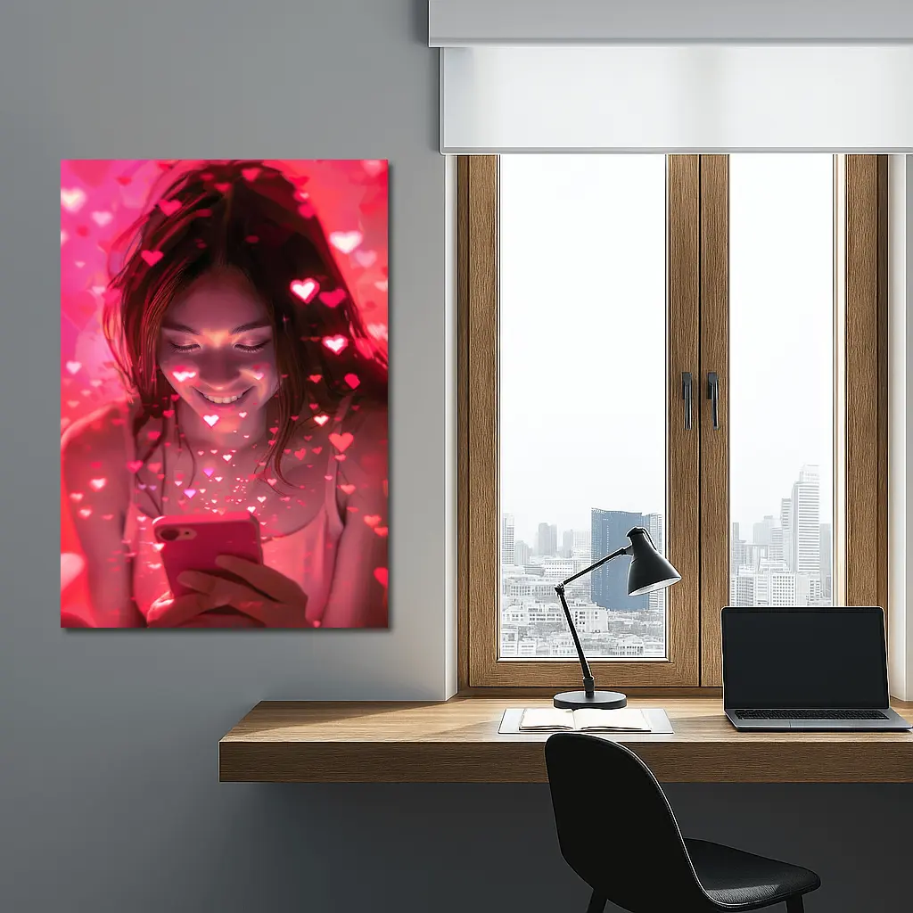 Smiling Girl Hearts Flying Pink Phone – Wall Art