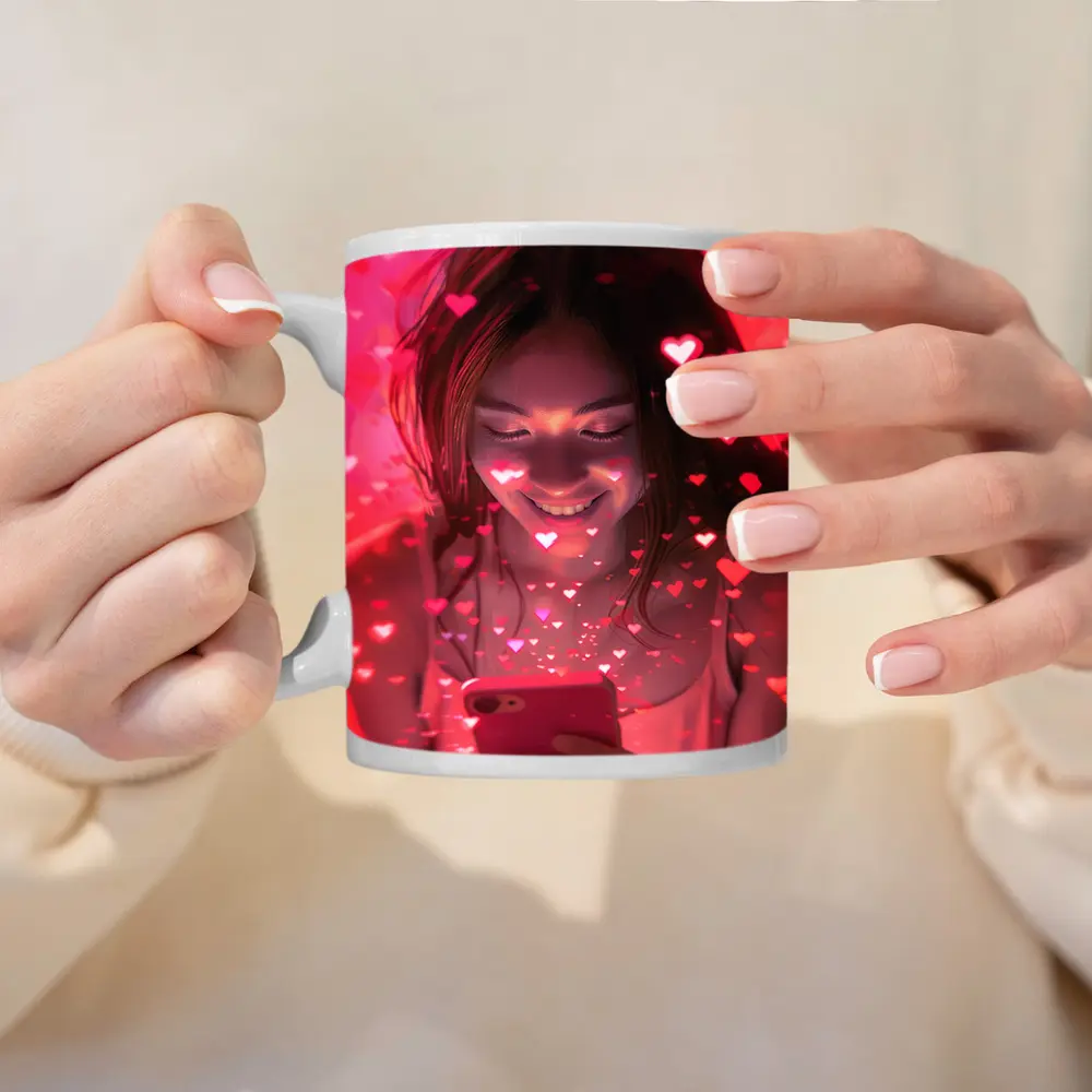 Smiling Girl Hearts Flying Pink Phone – Mugs