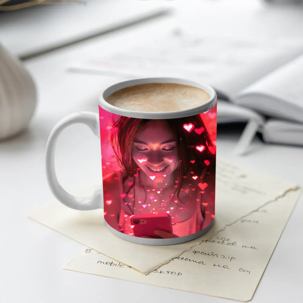 Smiling Girl Hearts Flying Pink Phone – Mugs