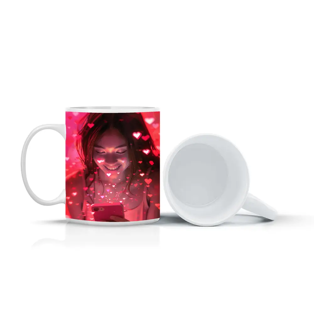 Smiling Girl Hearts Flying Pink Phone – Mugs