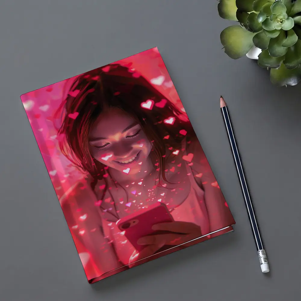 Smiling Girl Hearts Flying Pink Phone – Notebooks