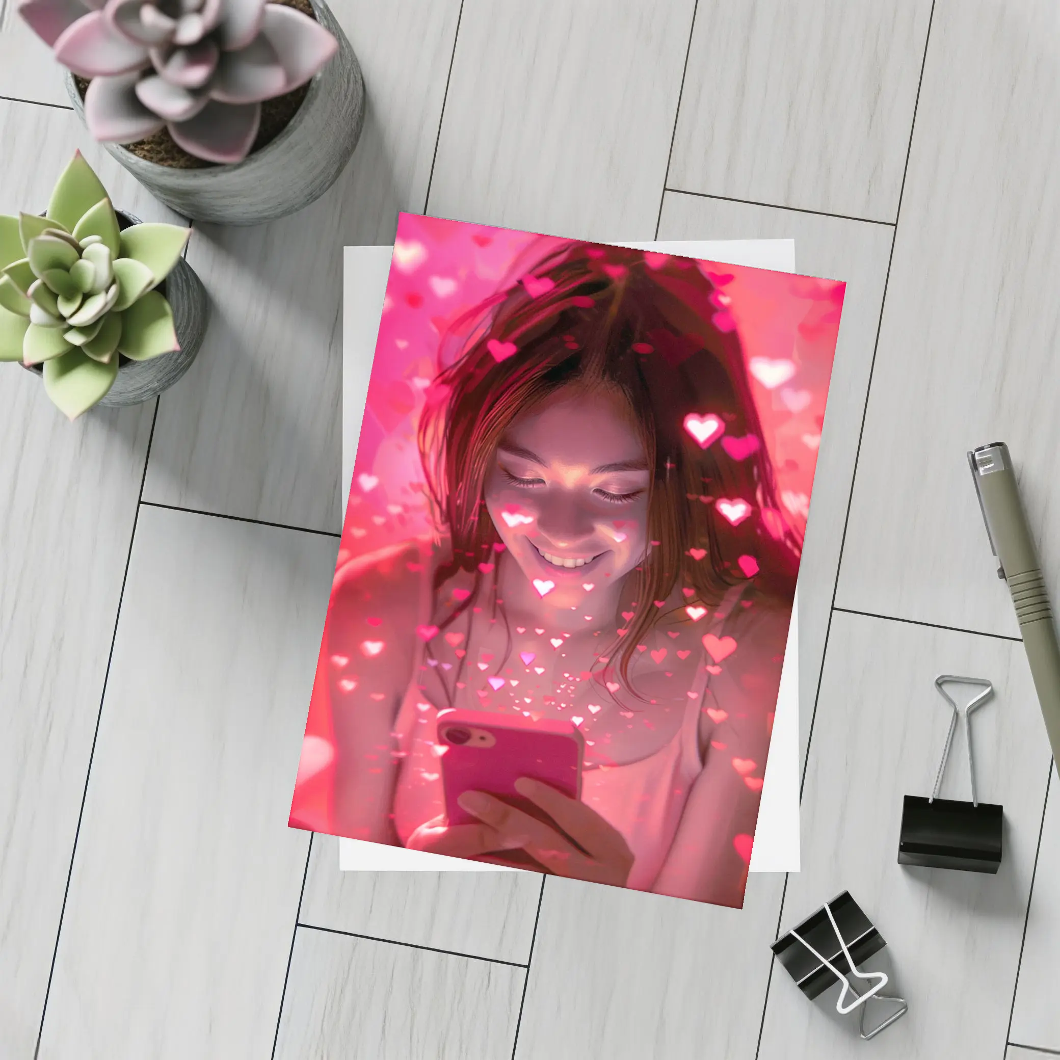 Smiling Girl Hearts Flying Pink Phone – Postcards