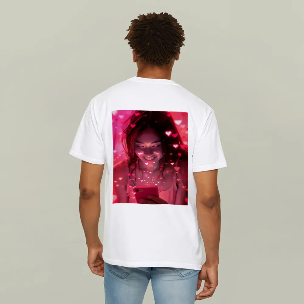 Smiling Girl Hearts Flying Pink Phone – T-Shirts