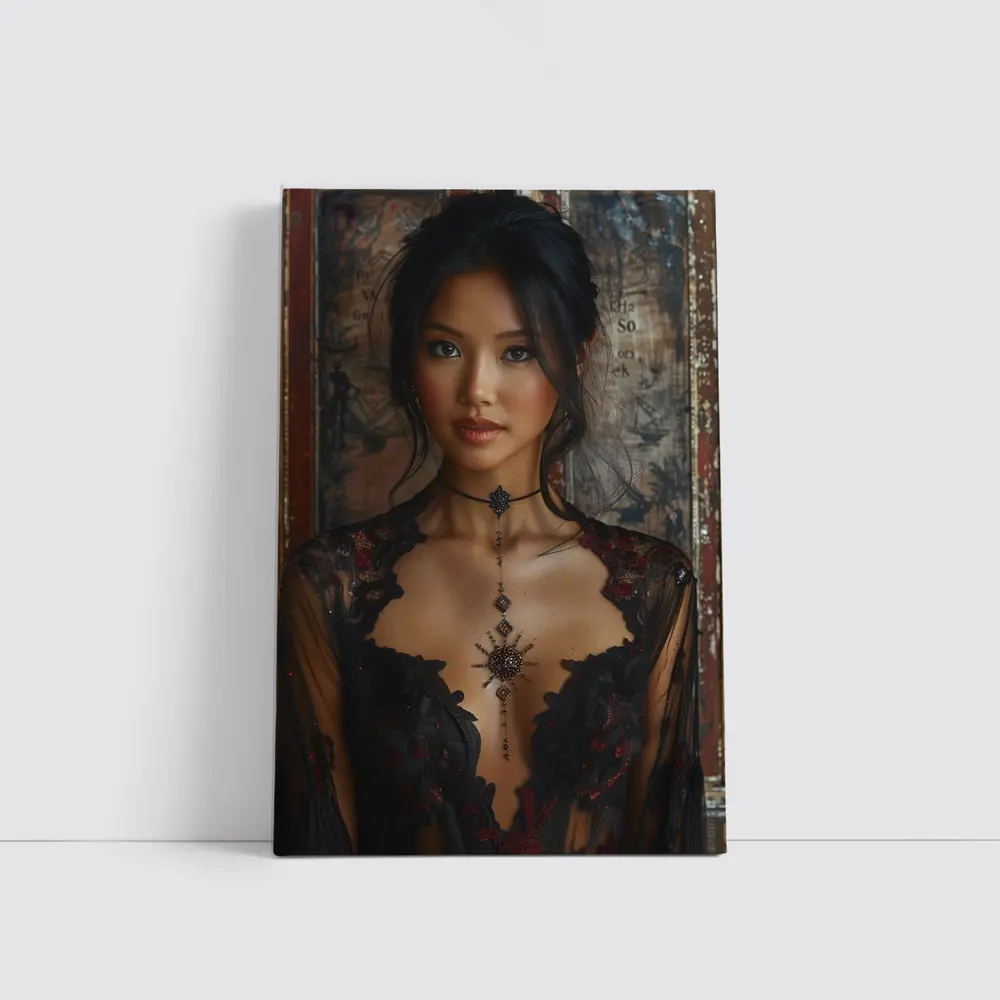Asian Woman Black Lace Dress Vintage Background – Wall Art