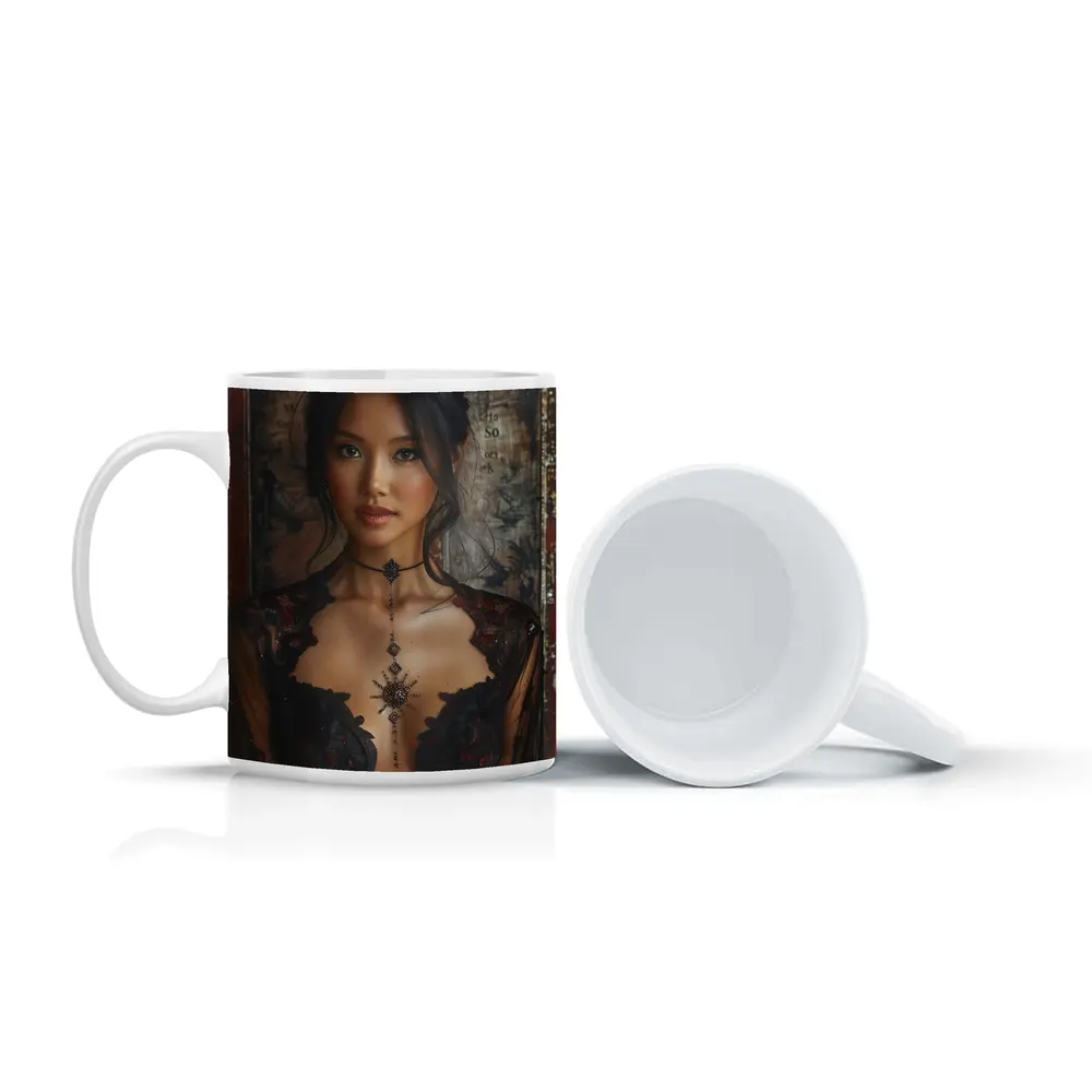 Asian Woman Black Lace Dress Vintage Background – Mugs