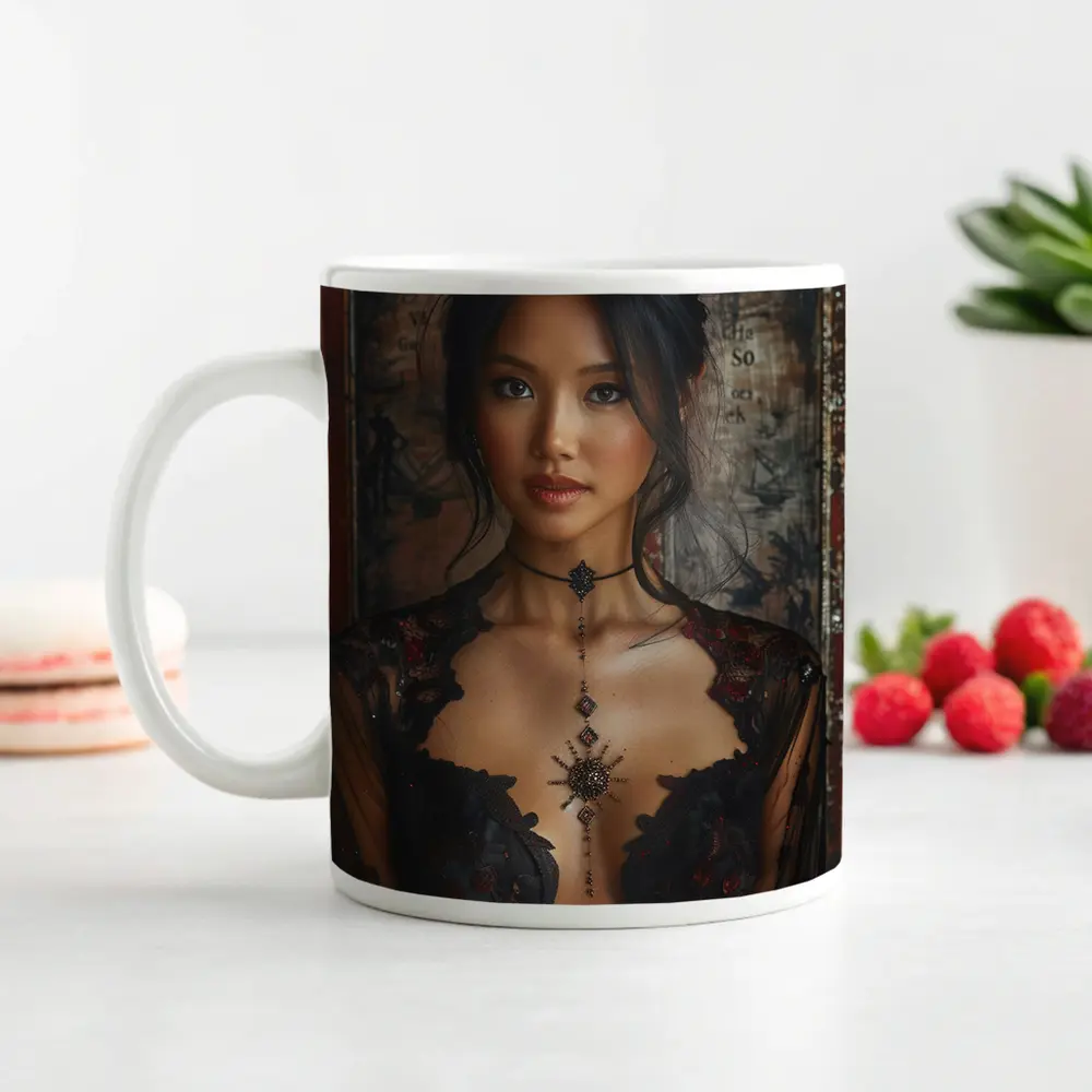 Asian Woman Black Lace Dress Vintage Background – Mugs