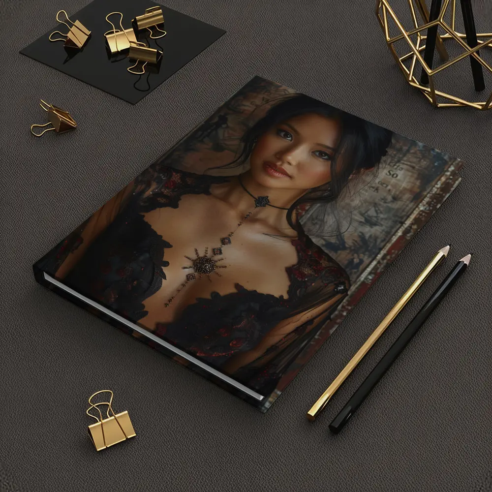 Asian Woman Black Lace Dress Vintage Background – Notebooks