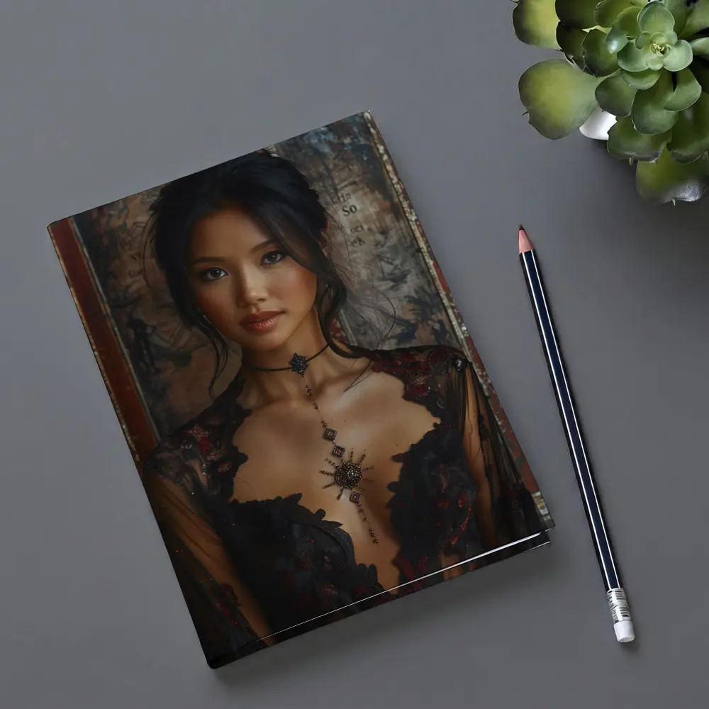 Asian Woman Black Lace Dress Vintage Background – Notebooks