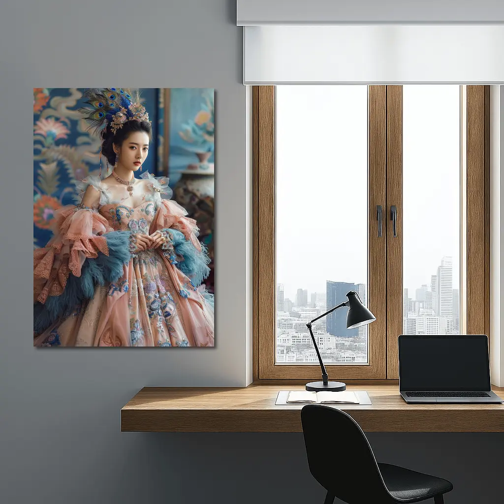 Asian Woman Baroque Peacock Feather Gown – Wall Art