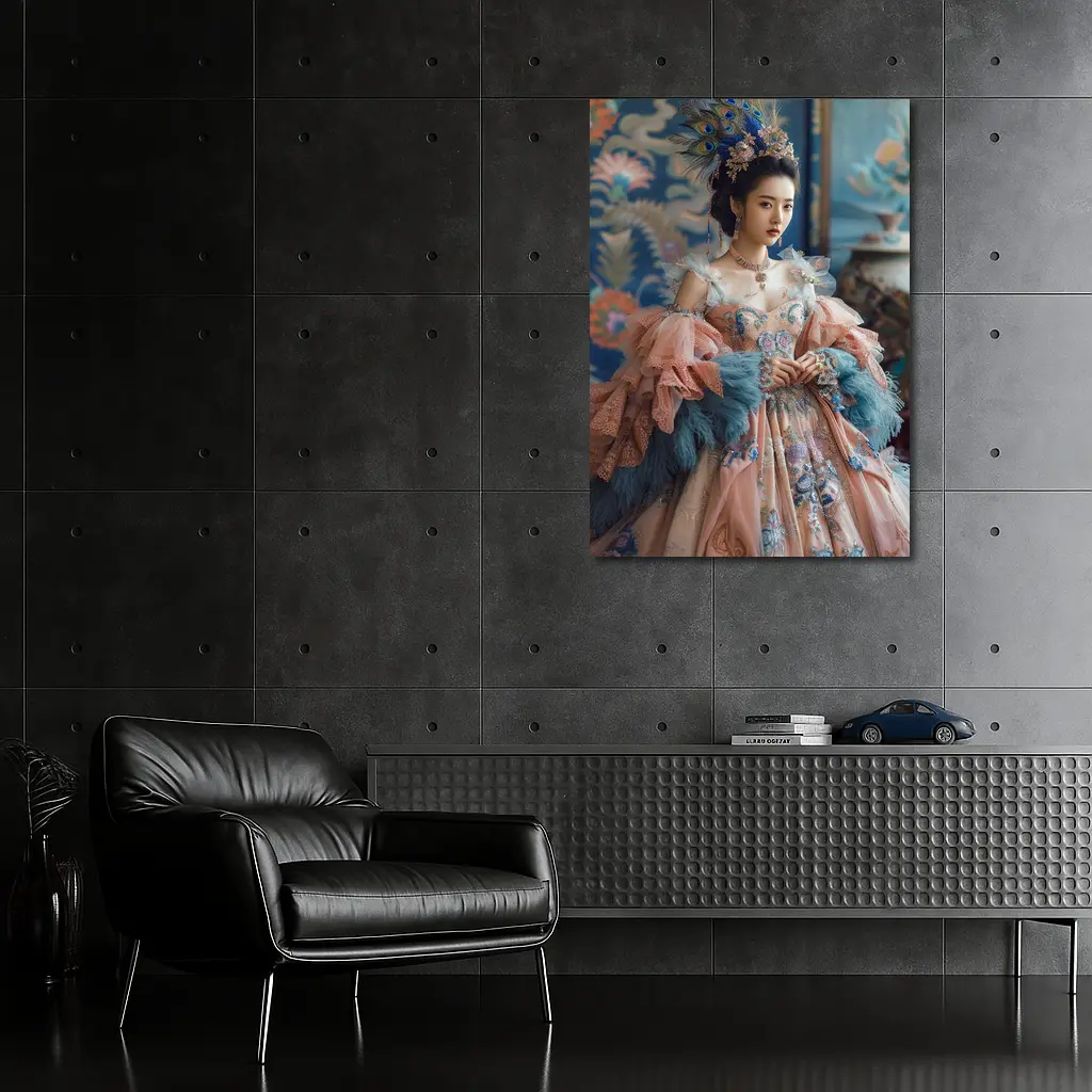 Asian Woman Baroque Peacock Feather Gown – Wall Art