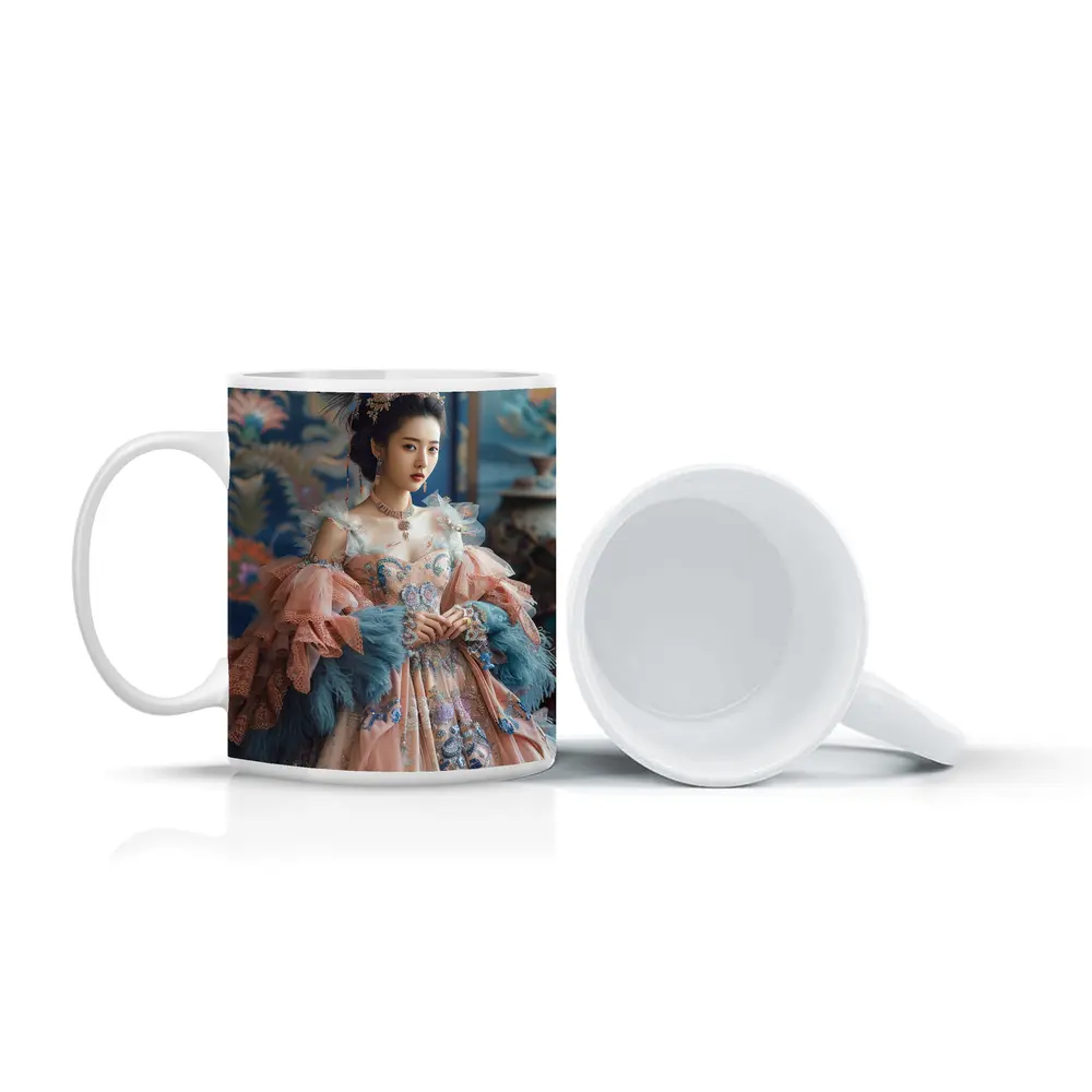 Asian Woman Baroque Peacock Feather Gown – Mugs