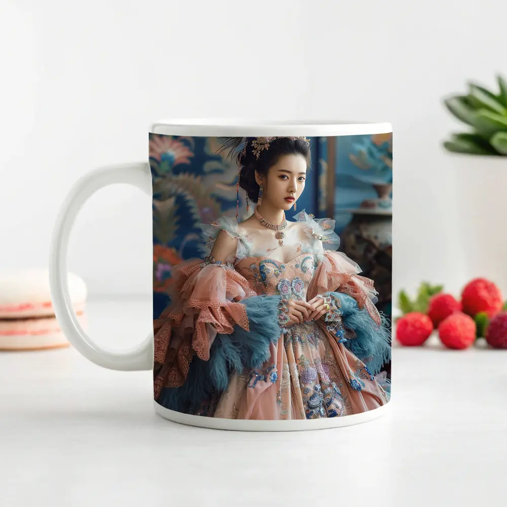 Asian Woman Baroque Peacock Feather Gown – Mugs