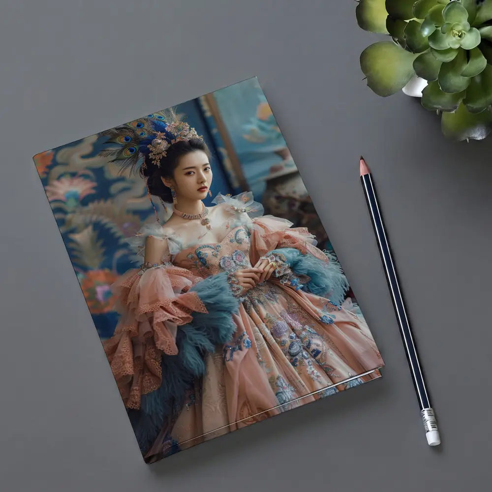 Asian Woman Baroque Peacock Feather Gown – Notebooks