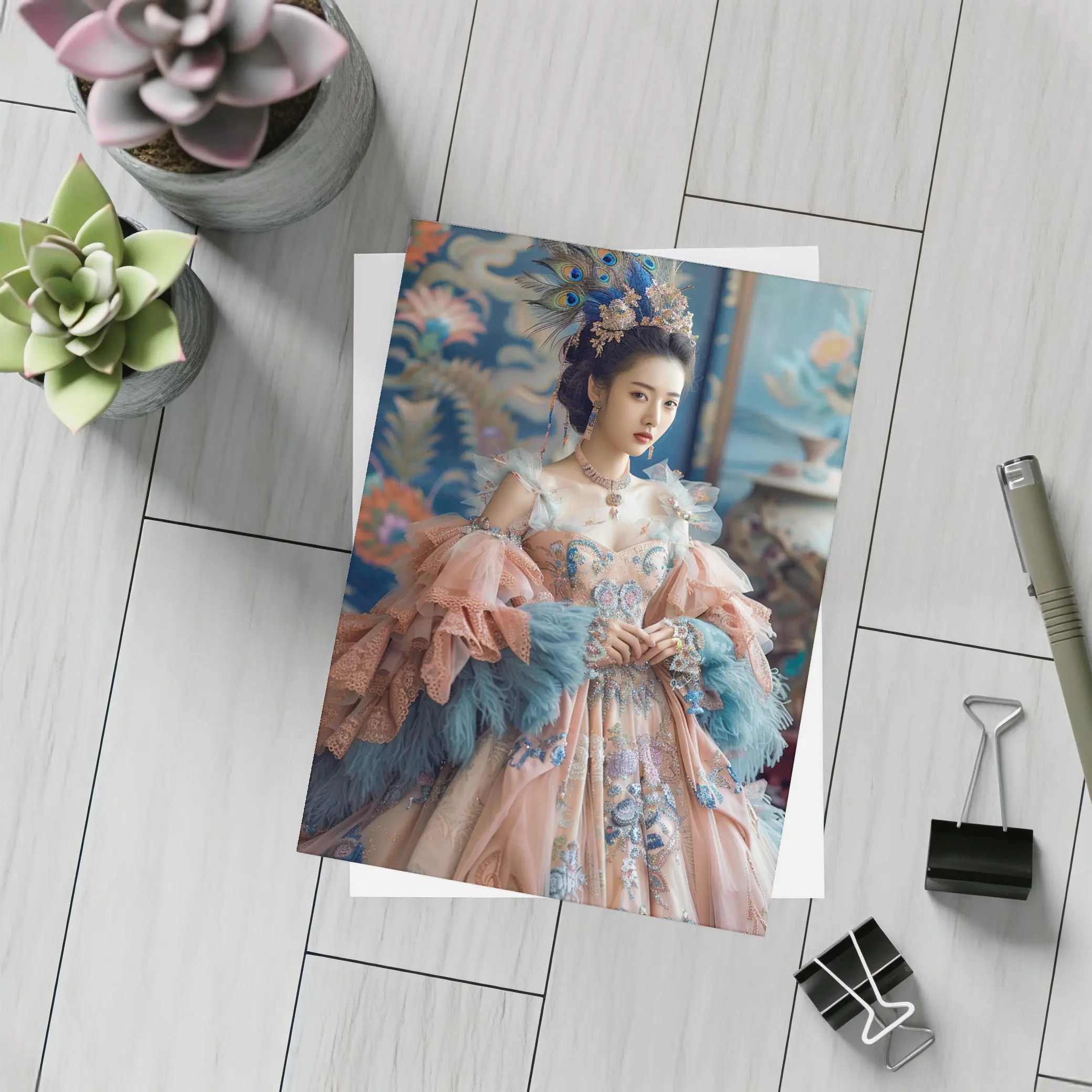Asian Woman Baroque Peacock Feather Gown – Postcards