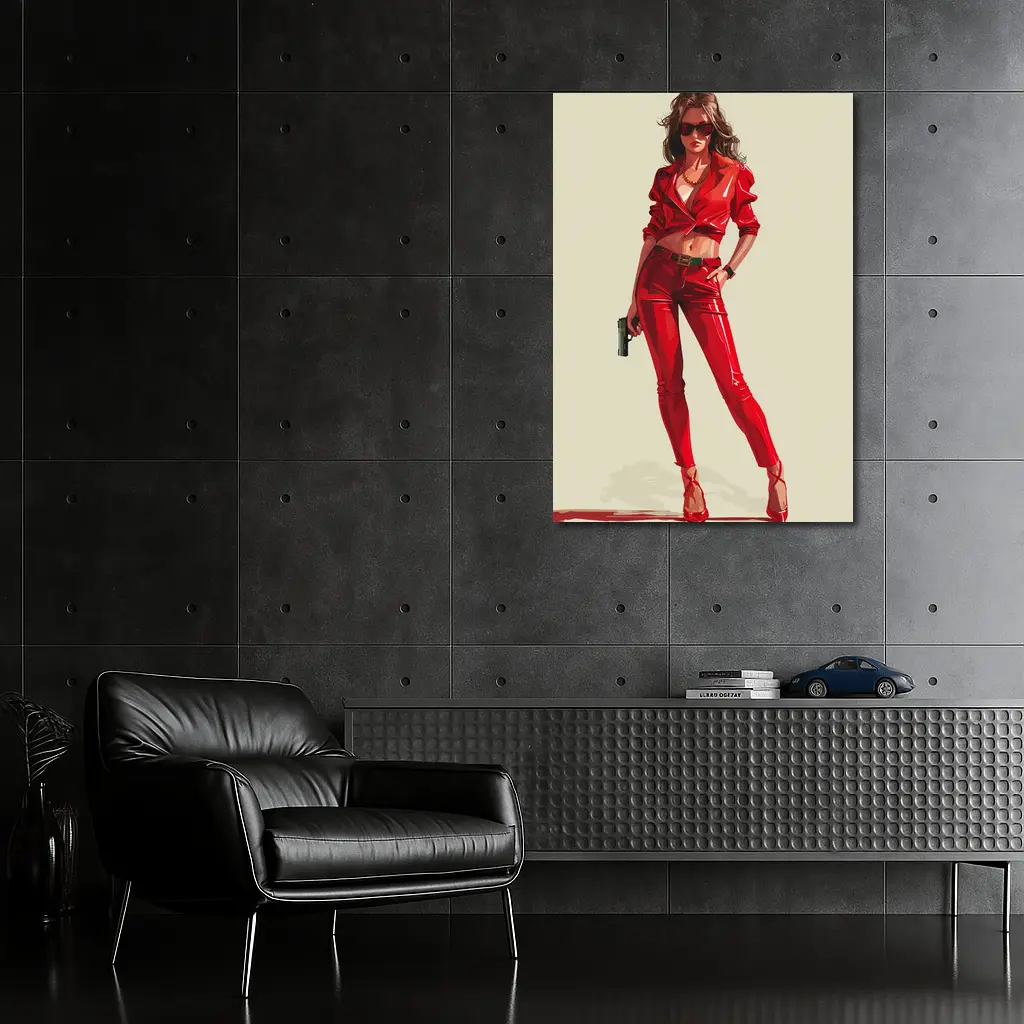 Red Outfit Woman With Gun Illustration – Wall Art