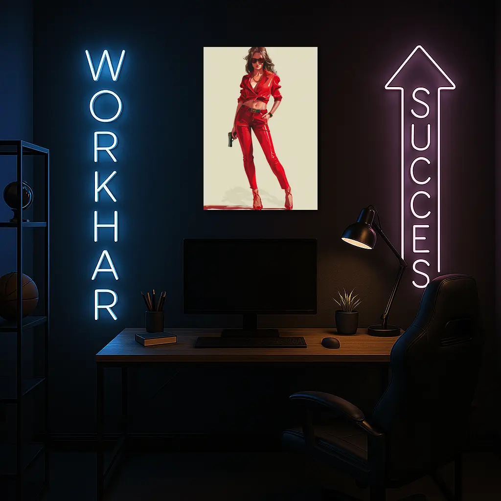 Red Outfit Woman With Gun Illustration – Wall Art
