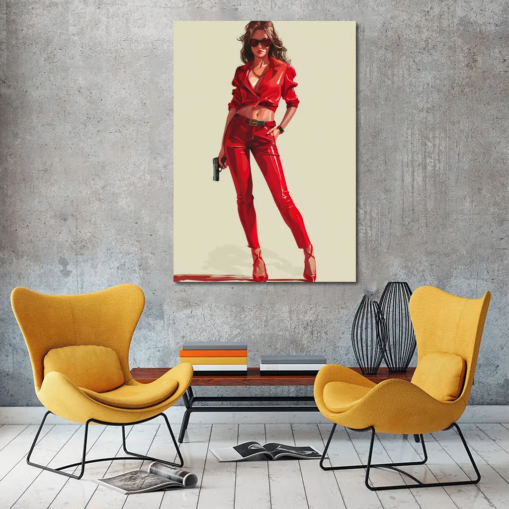 Red Outfit Woman With Gun Illustration – Wall Art