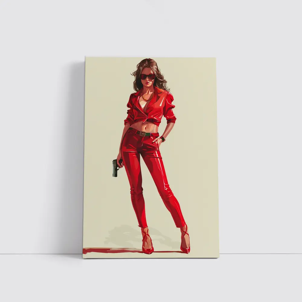 Red Outfit Woman With Gun Illustration – Wall Art