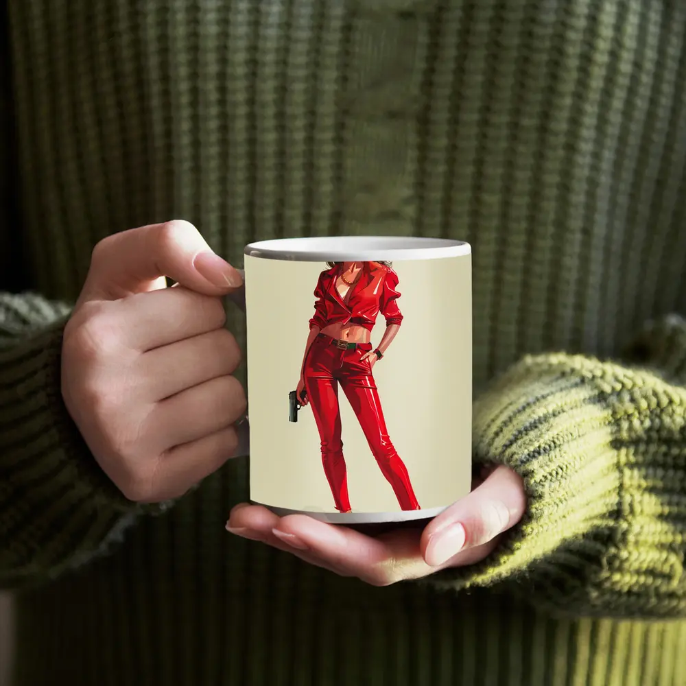 Red Outfit Woman With Gun Illustration – Mugs