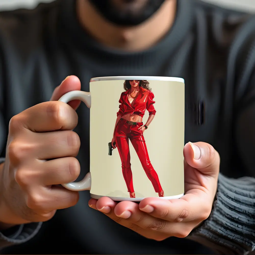 Red Outfit Woman With Gun Illustration – Mugs