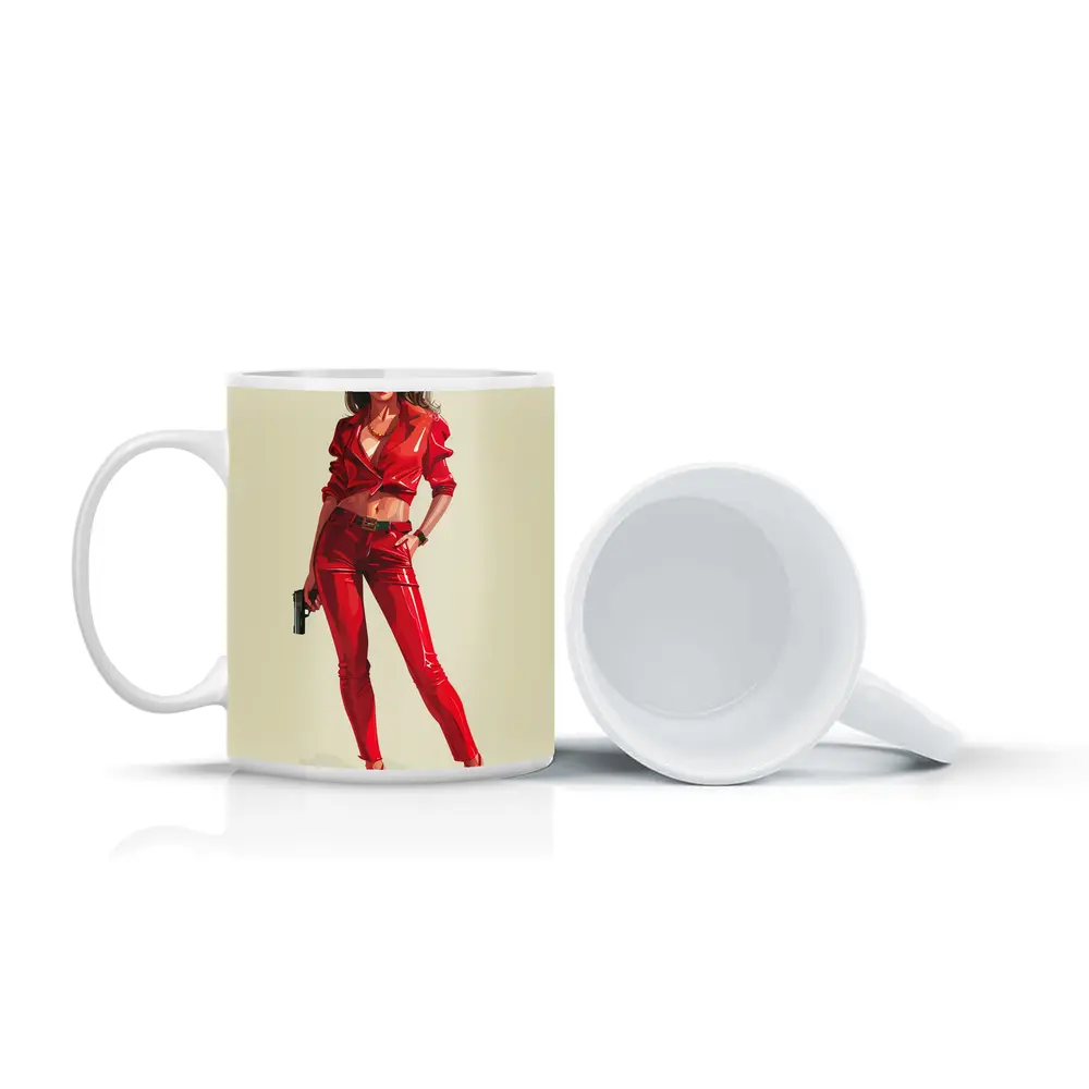 Red Outfit Woman With Gun Illustration – Mugs