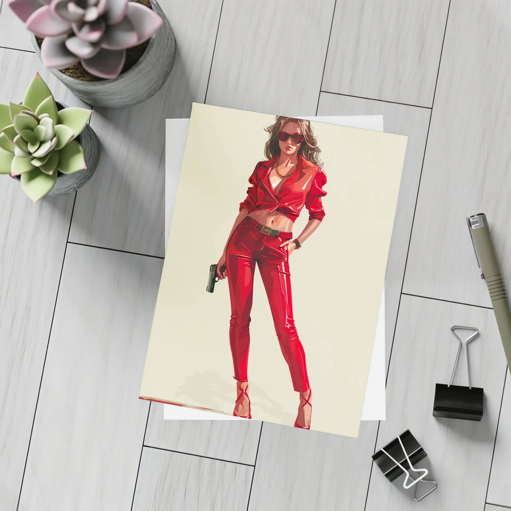 Red Outfit Woman With Gun Illustration – Postcards
