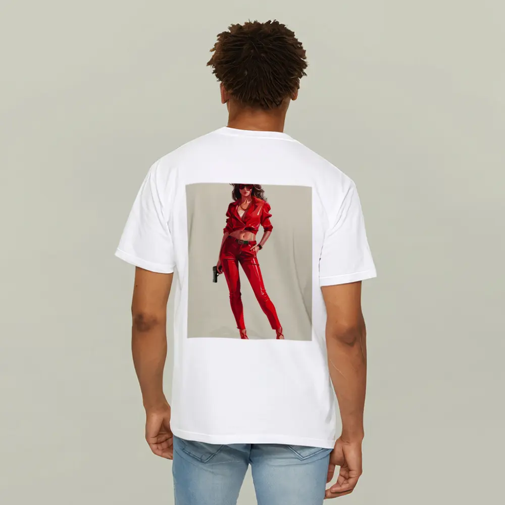 Red Outfit Woman With Gun Illustration – T-Shirts