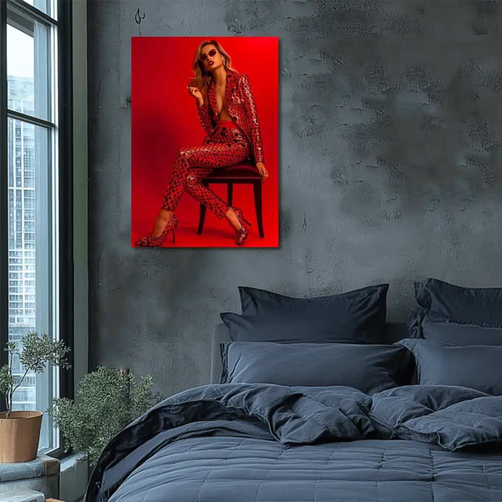 Blonde Woman Red Sequin Suit Bold Fashion – Wall Art
