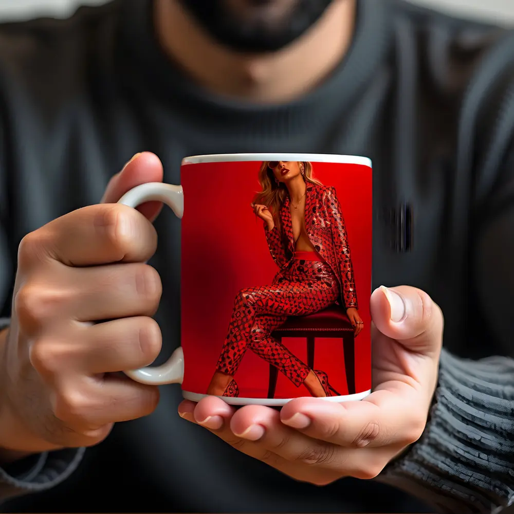 Blonde Woman Red Sequin Suit Bold Fashion – Mugs
