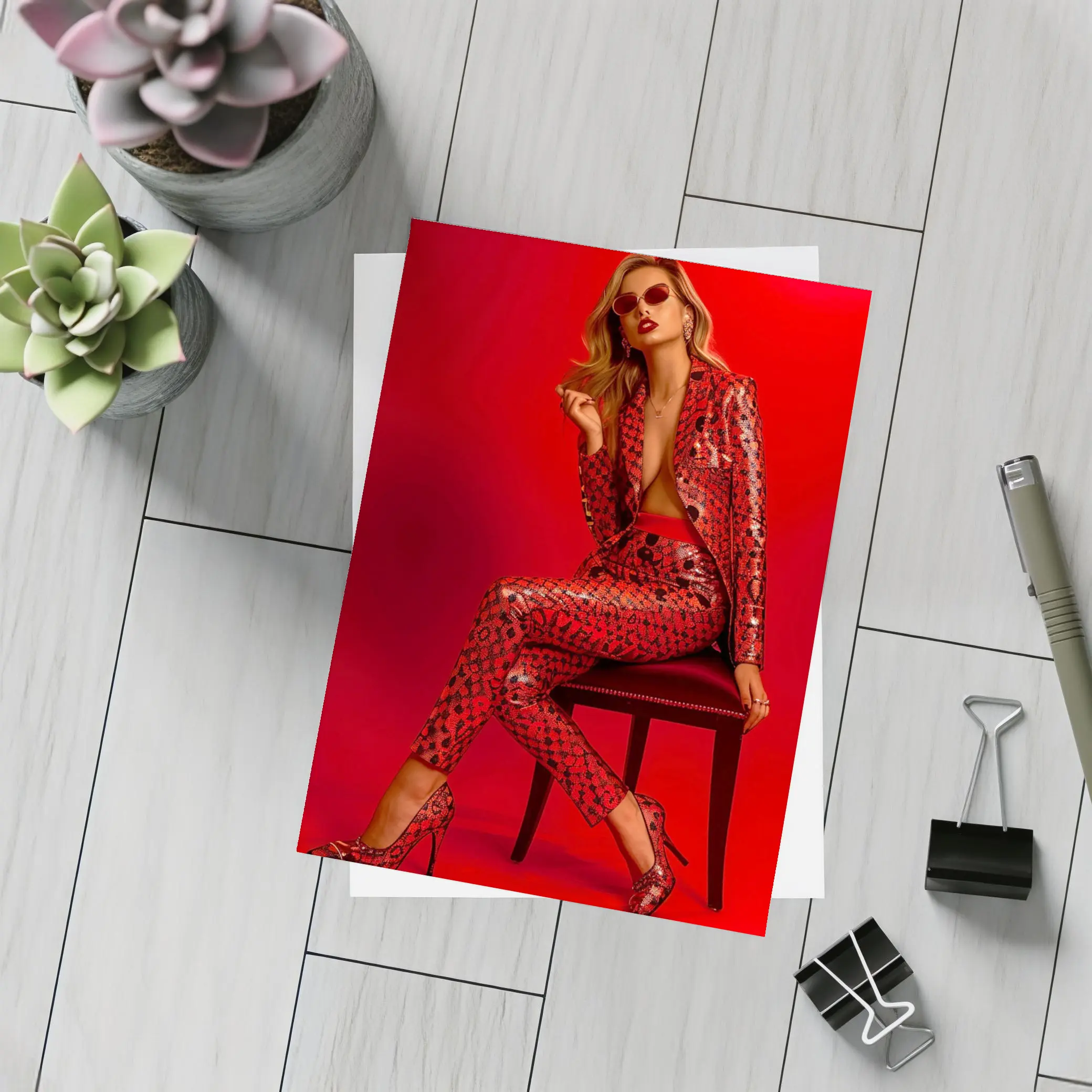 Blonde Woman Red Sequin Suit Bold Fashion – Postcards