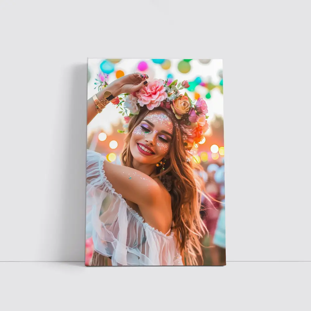 Festival Girl Flower Crown Glitter Bokeh – Wall Art