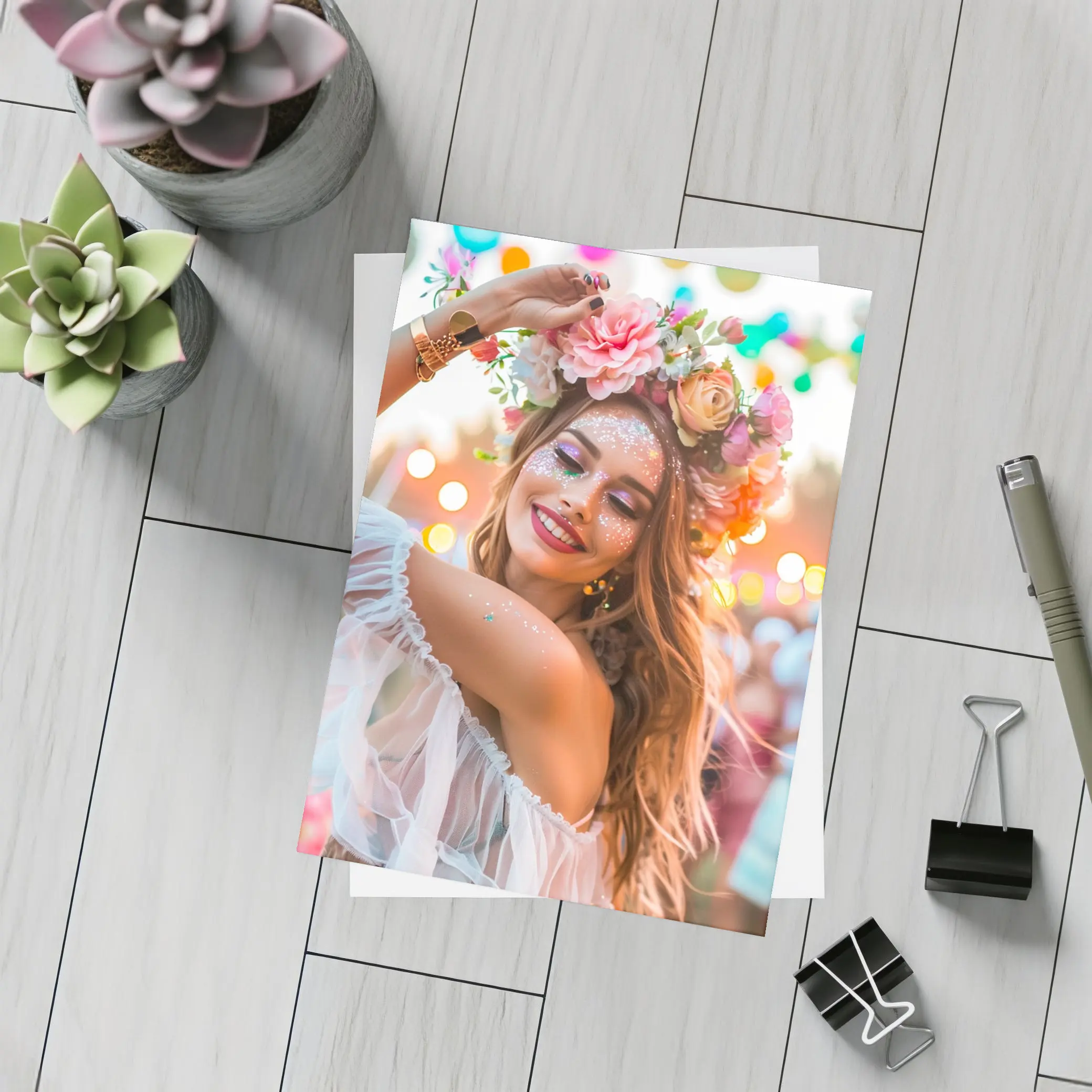 Festival Girl Flower Crown Glitter Bokeh – Postcards