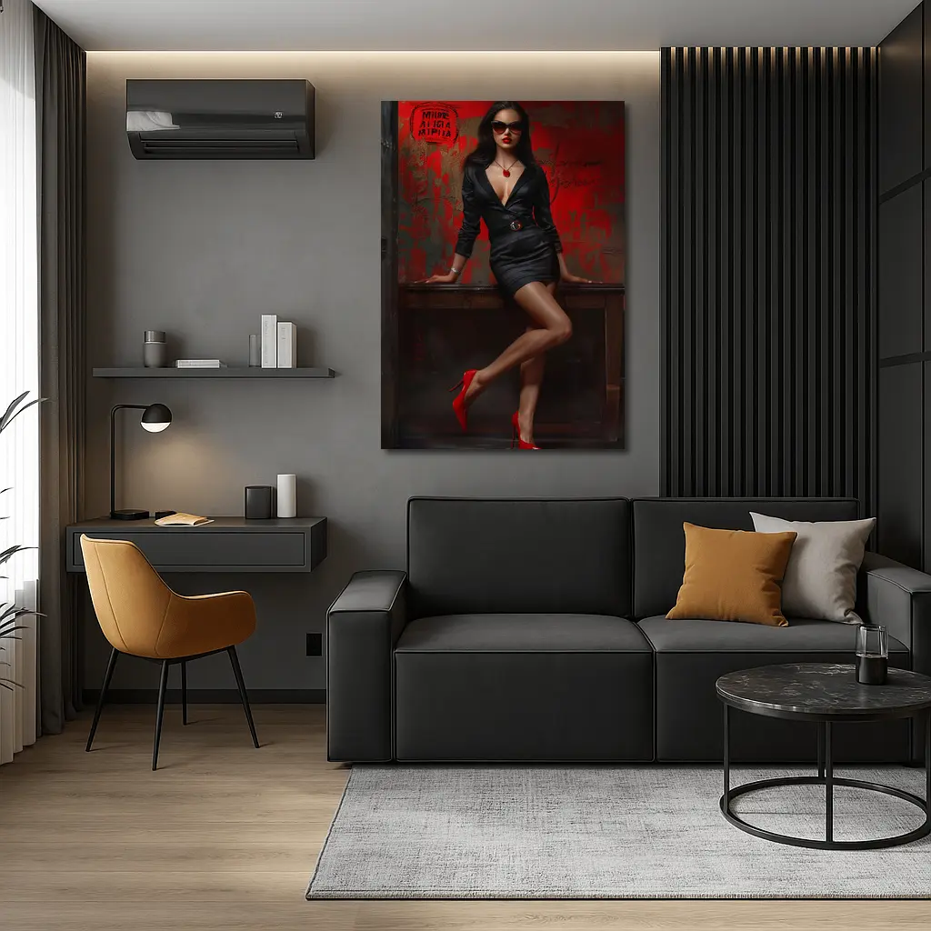 Confident Woman Black Dress Red Wall – Wall Art