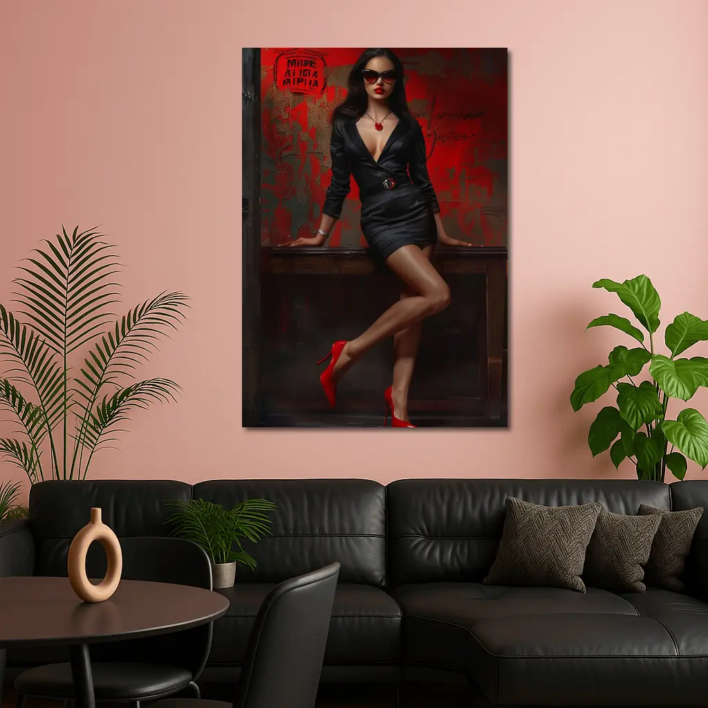 Confident Woman Black Dress Red Wall – Wall Art