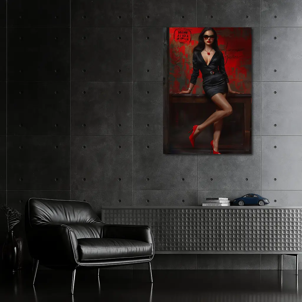Confident Woman Black Dress Red Wall – Wall Art
