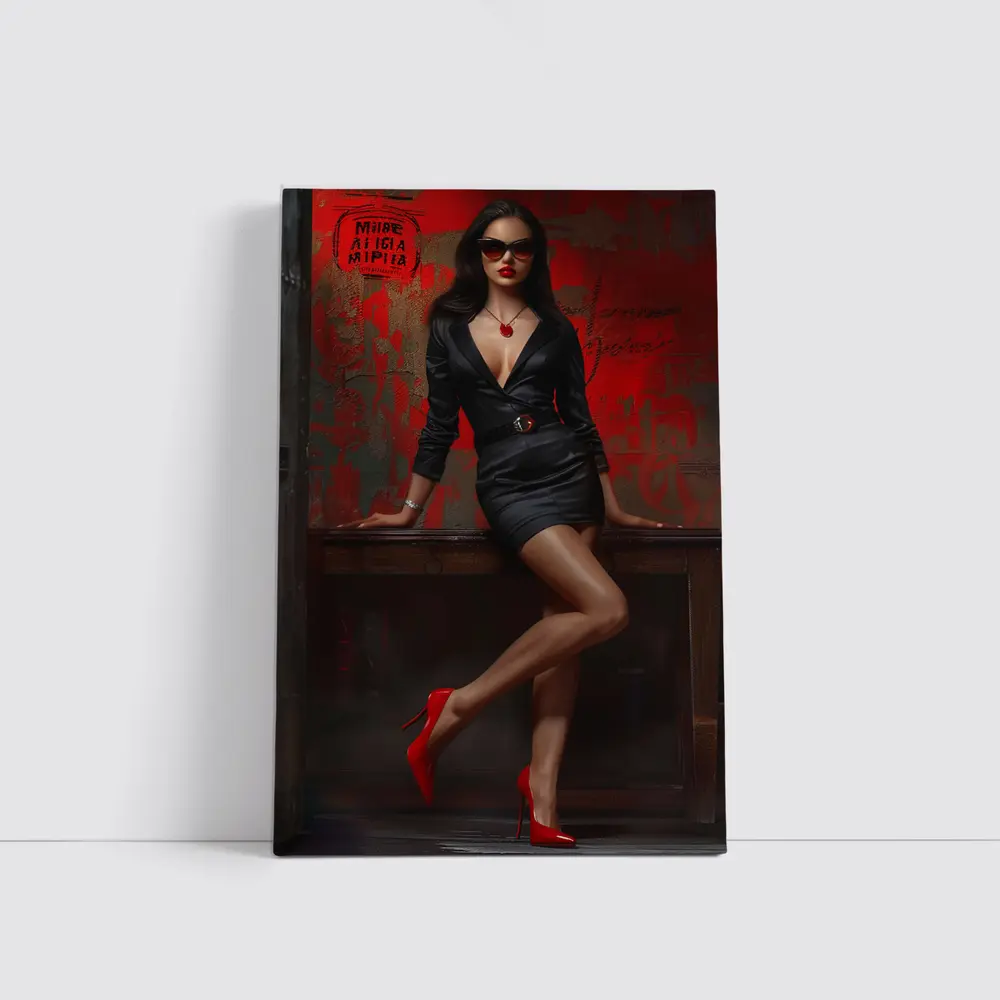 Confident Woman Black Dress Red Wall – Wall Art